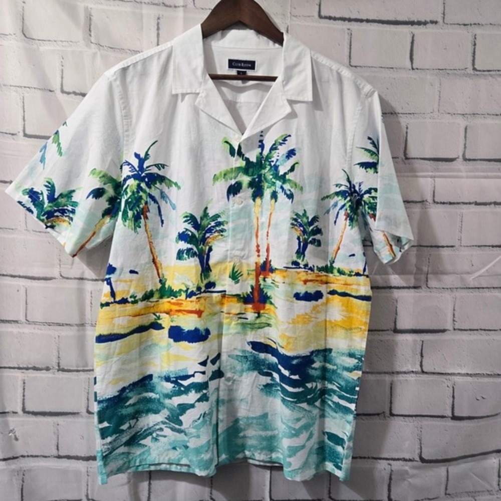 Club Room Mens Large Tropical Palm Tree‎ Beach Print Cotton Camp Shirt White New